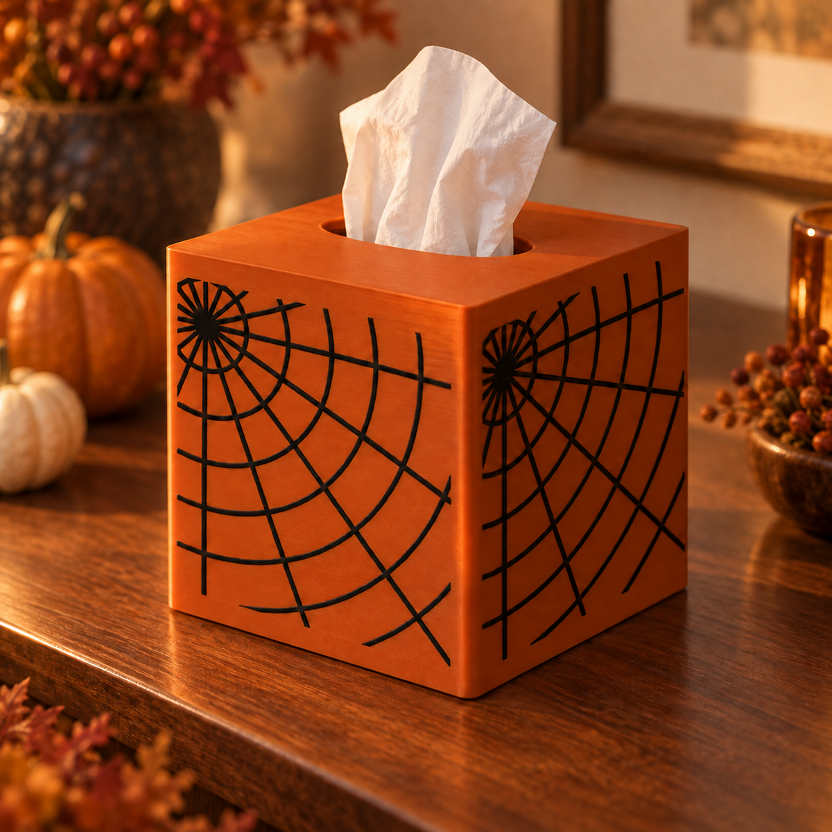 Halloween Tissue Box Cover Square Spiderweb Cube Black White or Orange Black