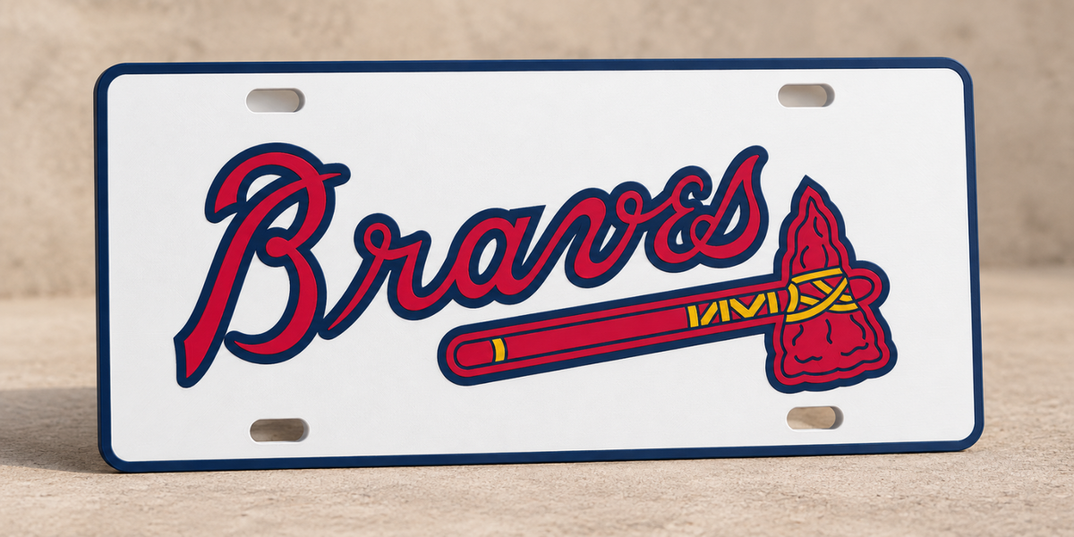 Atlanta Braves Car Tag 12x6 Wordmark Tomahawk White Navy Front License Plate