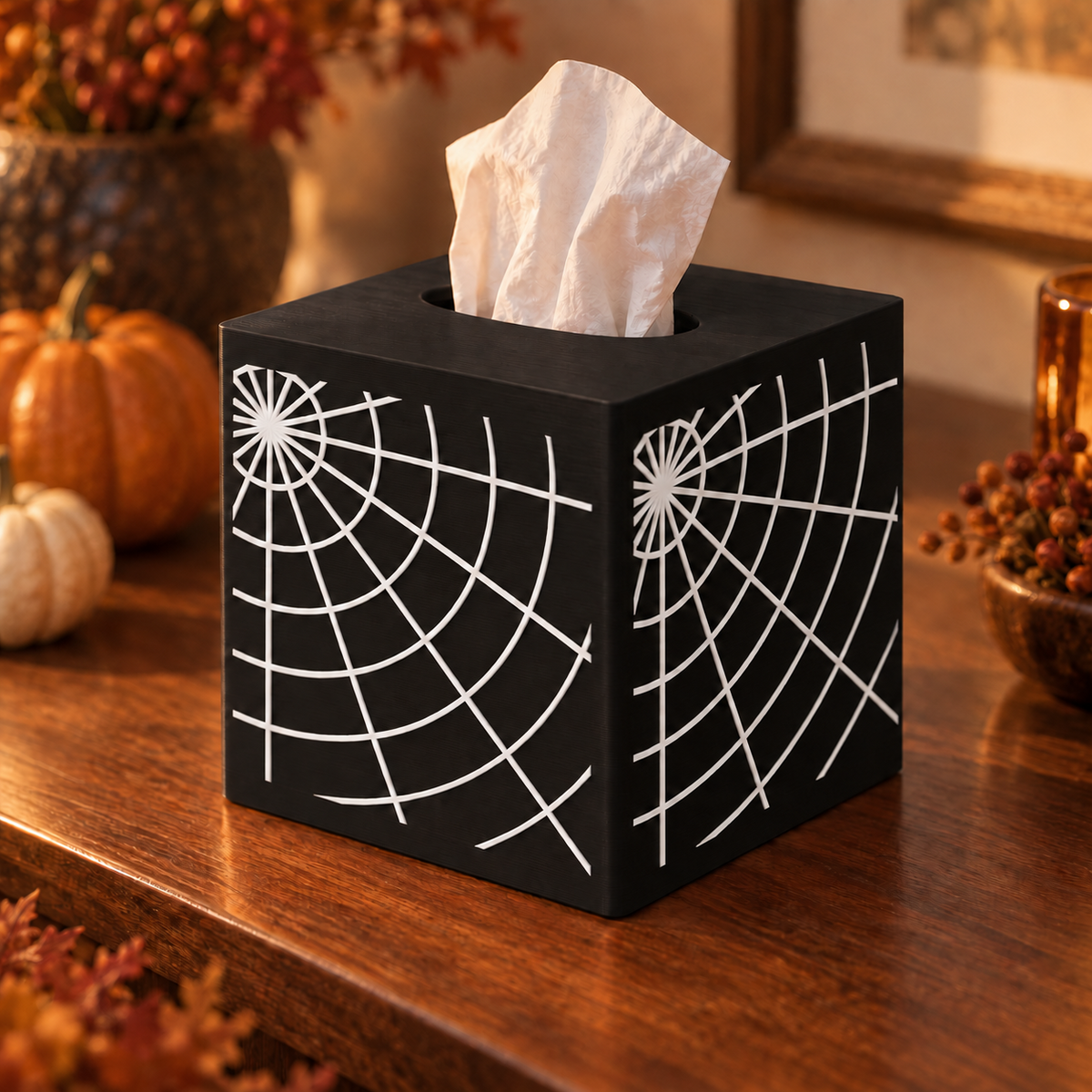 Halloween Tissue Box Cover Square Spiderweb Cube Black White or Orange Black