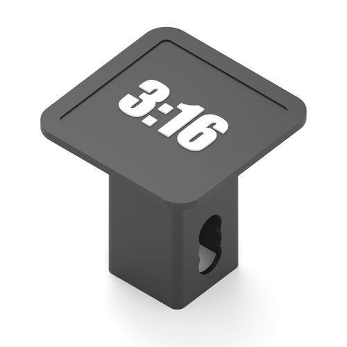 Angled design visualization of black 2 inch receiver hitch cover with centered white 3:16 lettering and receiver stem