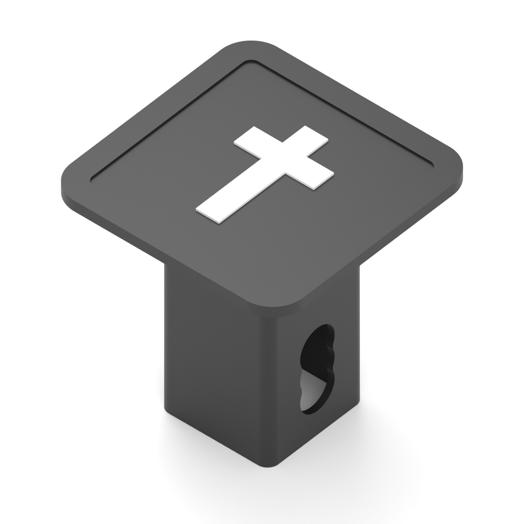 Angled design visualization of black 2 inch receiver hitch cover with a centered white Latin cross and receiver stem