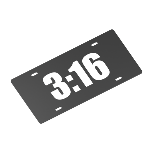 Angled design visualization of black 12 by 6 inch decorative plate with centered white 3:16 lettering and four clear mounting slots