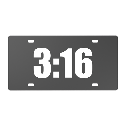 Front design visualization of black 12 by 6 inch decorative plate with centered white 3:16 lettering and four clear mounting slots