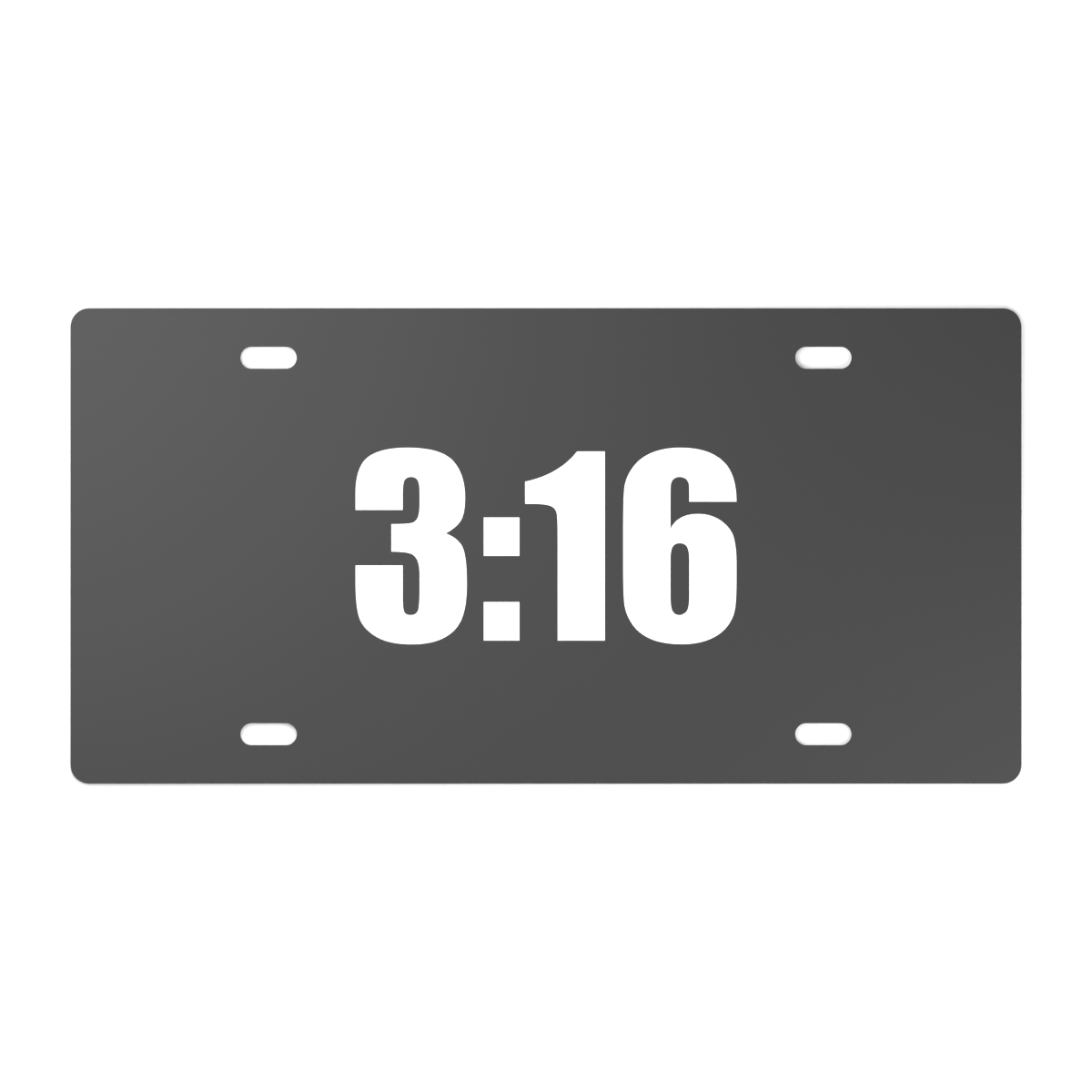 Exact model front visualization of the black 12 by 6 inch 3:16 car tag with reduced 63 mm high centered white lettering and four horizontal mounting slots