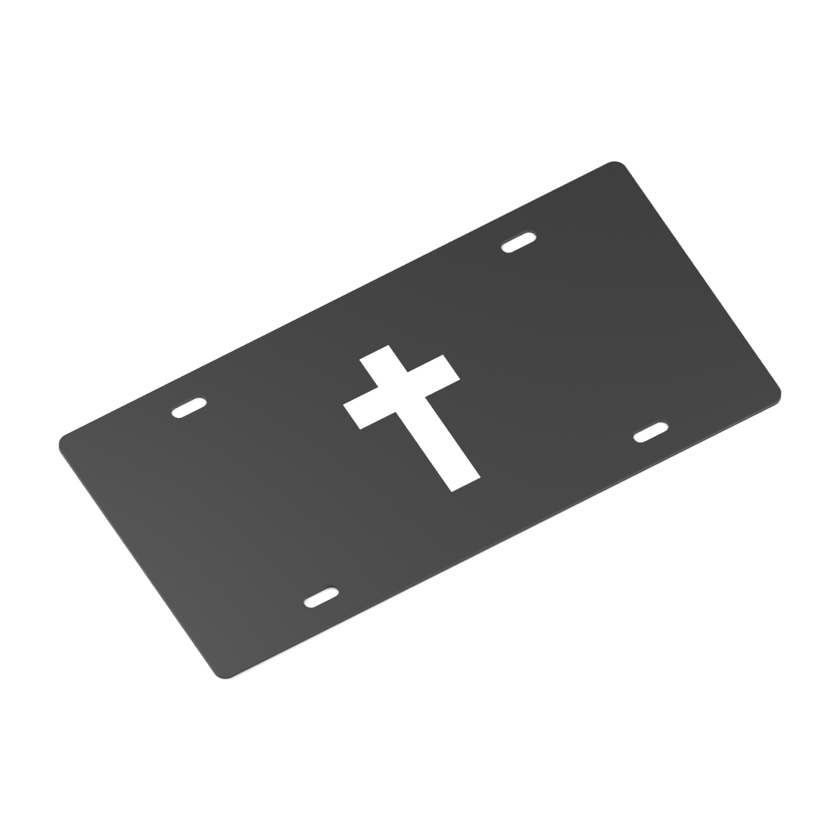Angled design visualization of a black 12 by 6 inch decorative plate with a centered white Latin cross and four clear mounting slots