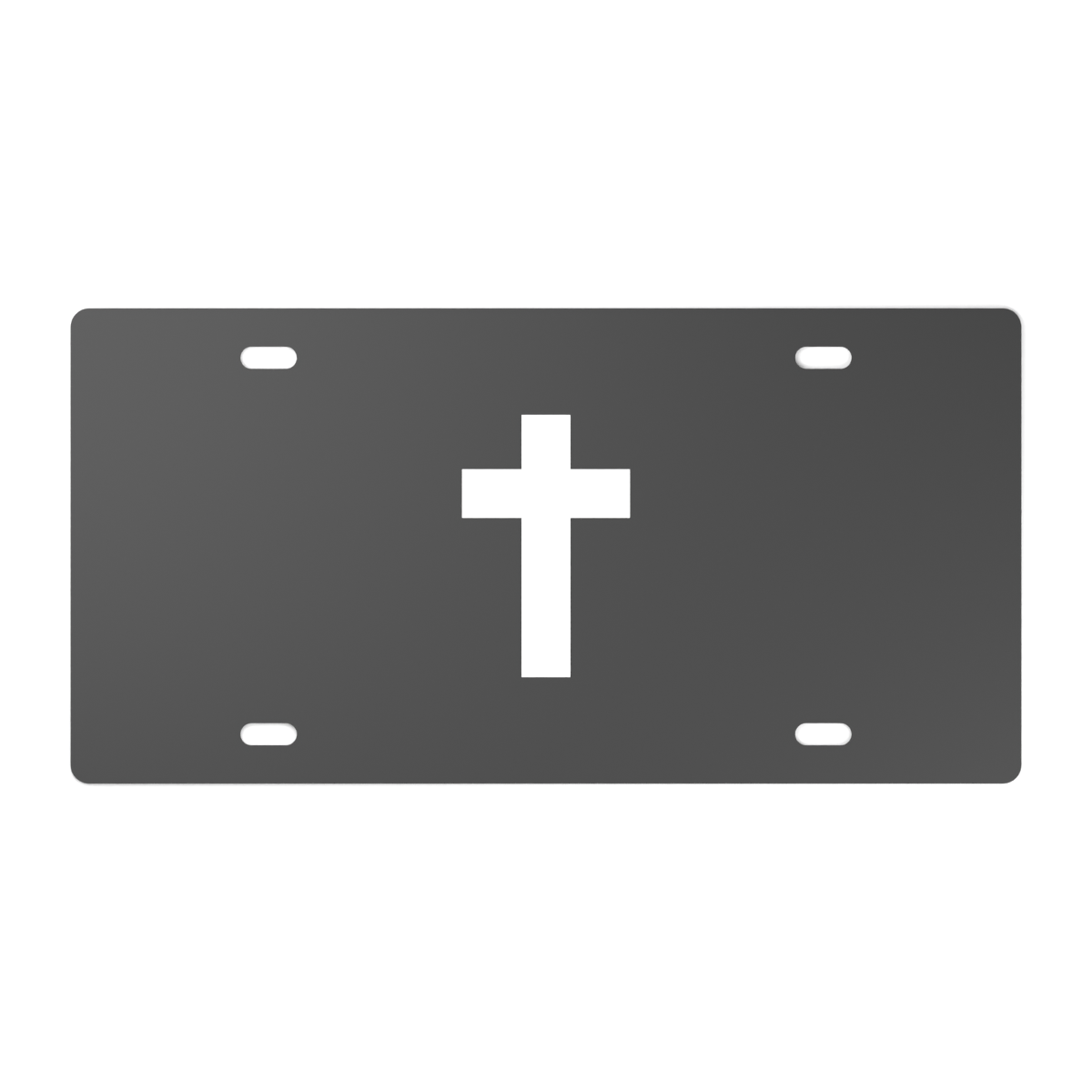 Front design visualization of a black 12 by 6 inch decorative plate with a centered white Latin cross and four clear mounting slots