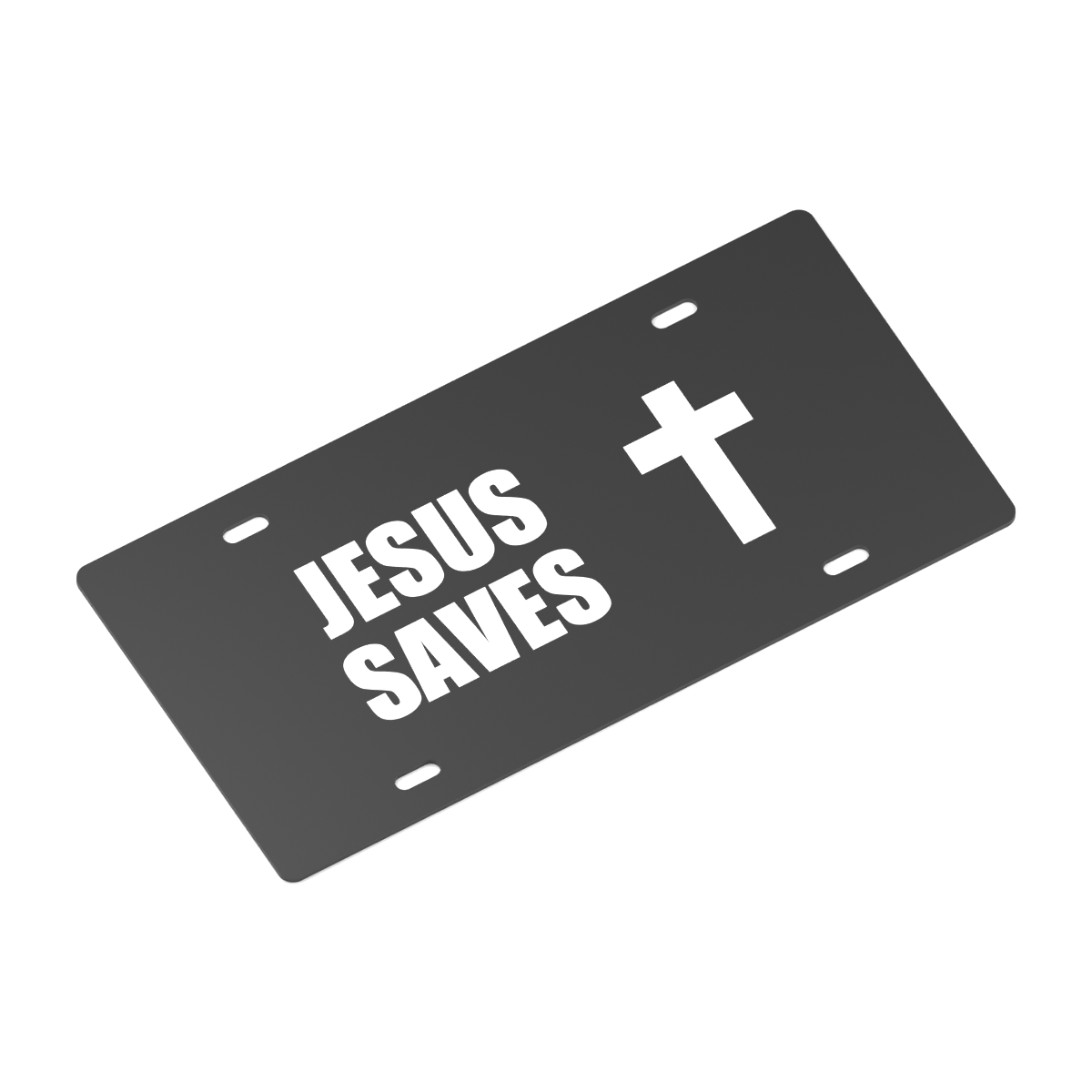Angled design visualization of a black 12 by 6 inch plate with white JESUS SAVES lettering and a cross, clear of four mounting slots