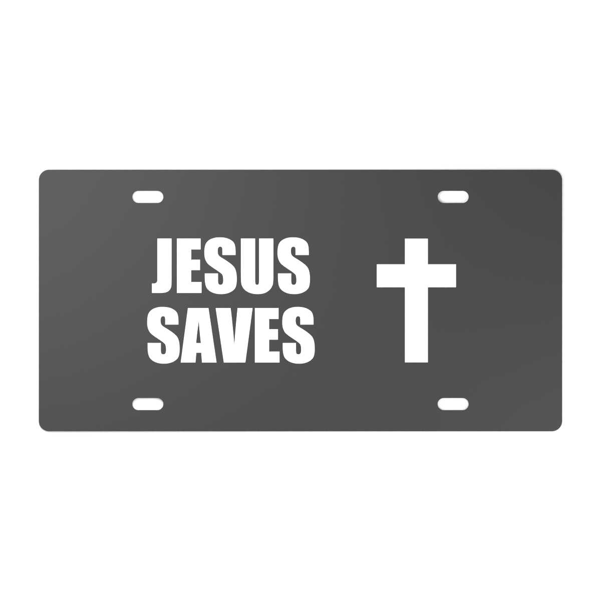 Front design visualization of a black 12 by 6 inch plate with white JESUS SAVES lettering and a cross, clear of four mounting slots