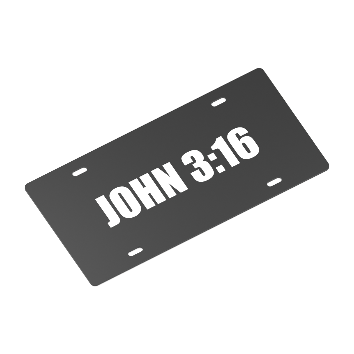 Angled design visualization of black 12 by 6 inch decorative plate with centered white John 3:16 lettering and four clear mounting slots