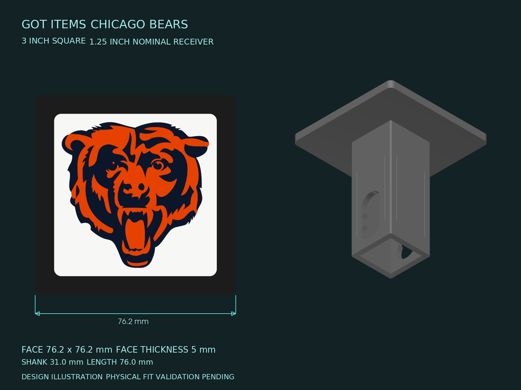 Chicago Bears NFL 3-Inch Square Hitch Cover for 1.25 or 2 Inch Receiver