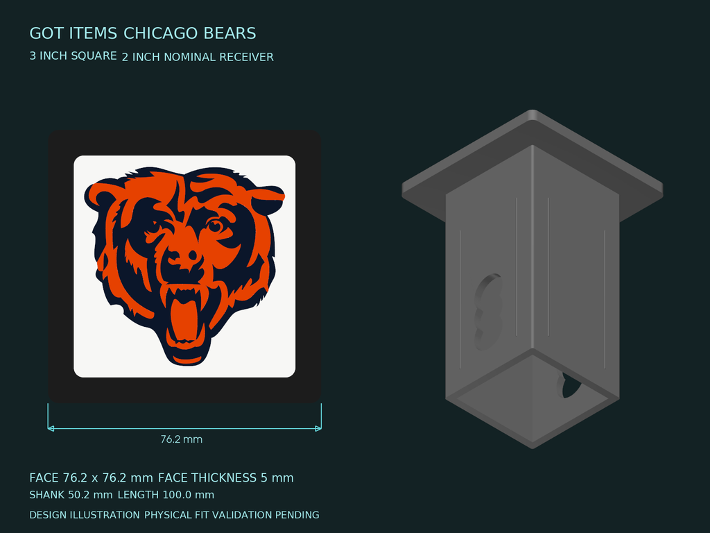 Chicago Bears NFL 3-Inch Square Hitch Cover for 1.25 or 2 Inch Receiver