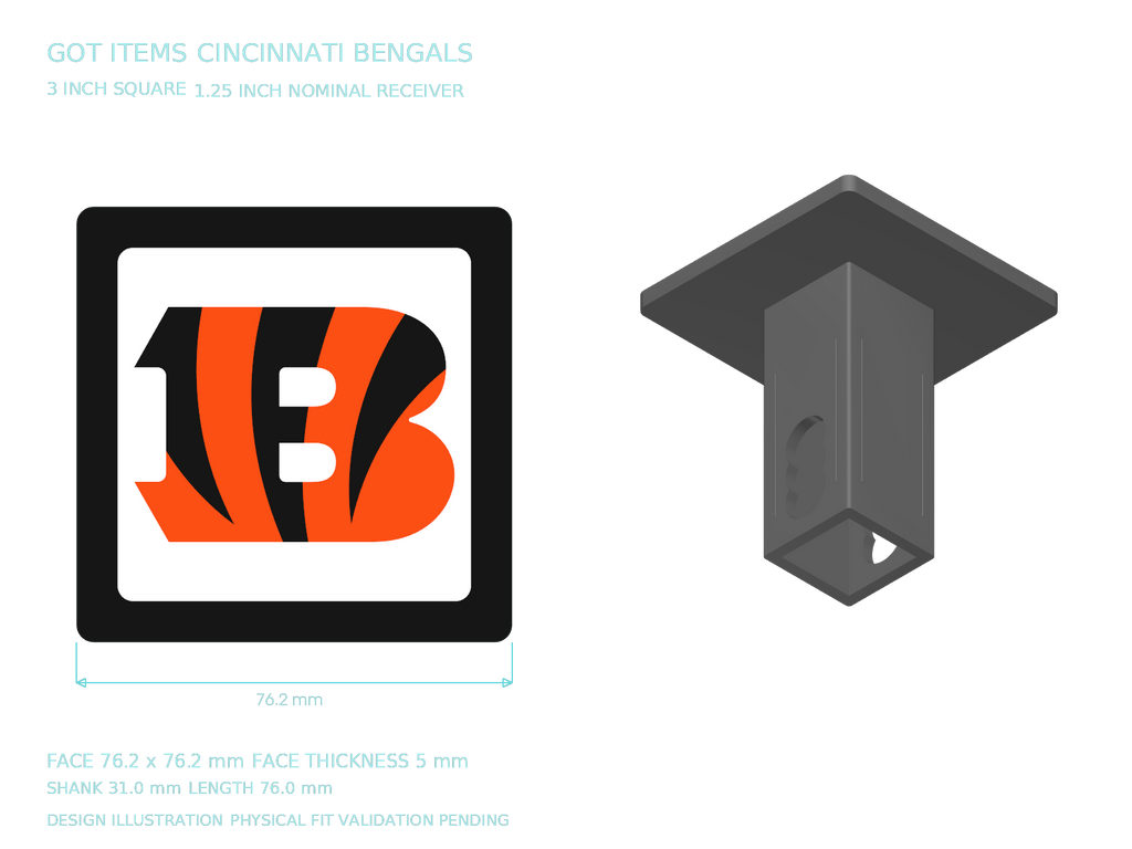Cincinnati Bengals NFL 3-Inch Square Hitch Cover for 1.25 or 2 Inch Receiver