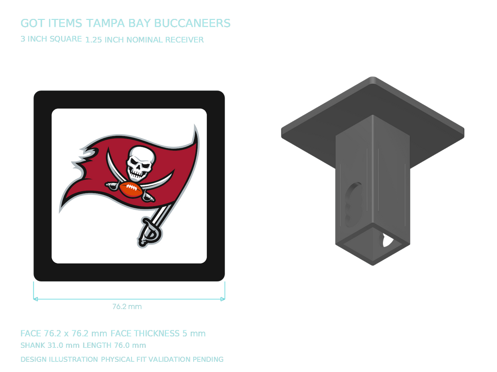 Tampa Bay Buccaneers NFL 3-Inch Square Hitch Cover for 1.25 or 2 Inch Receiver