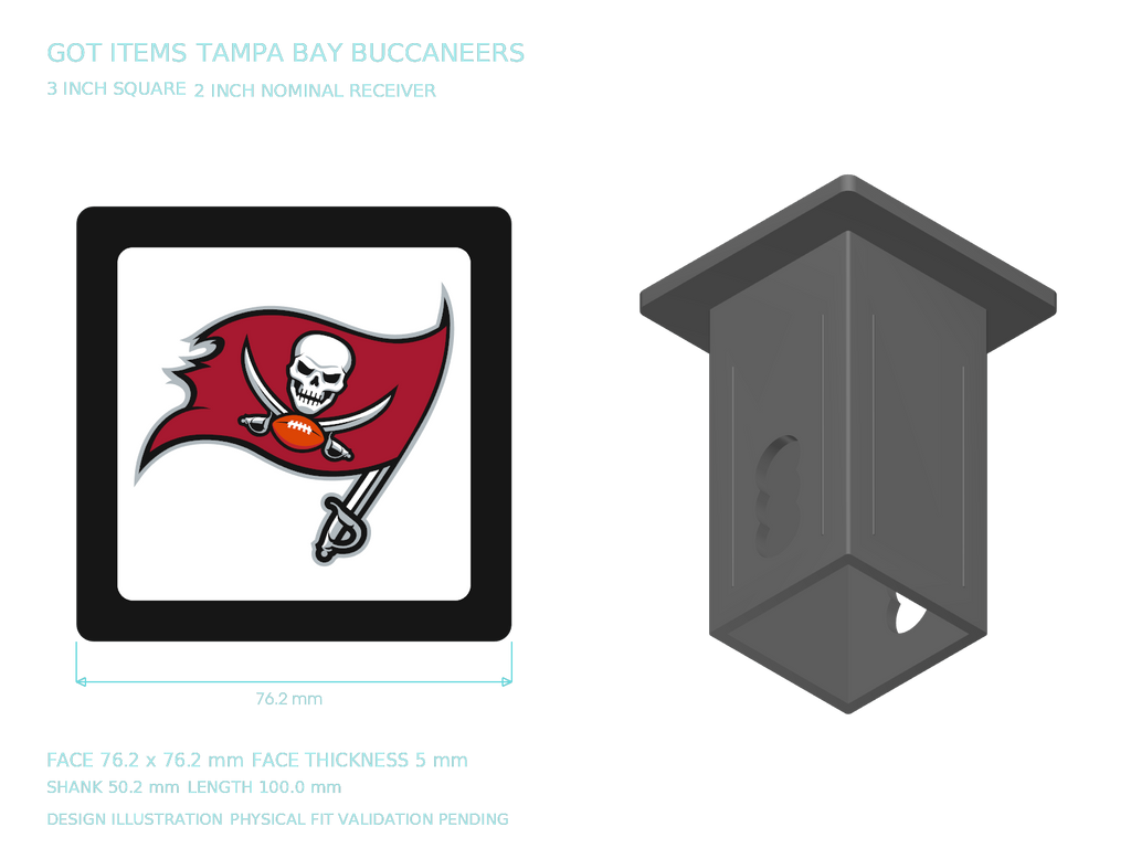 Tampa Bay Buccaneers NFL 3-Inch Square Hitch Cover for 1.25 or 2 Inch Receiver