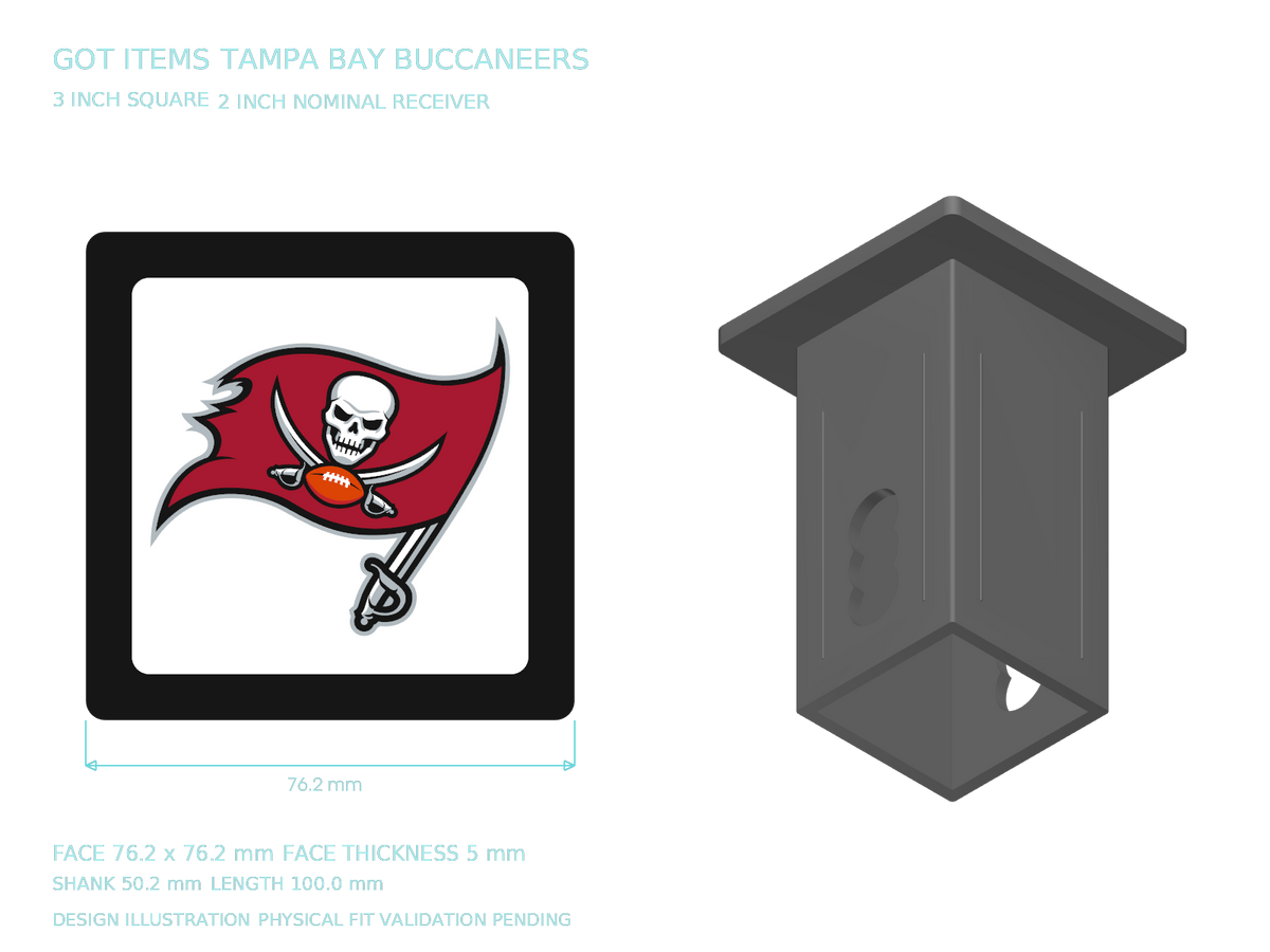 Tampa Bay Buccaneers NFL 3-Inch Square Hitch Cover for 1.25 or 2 Inch Receiver