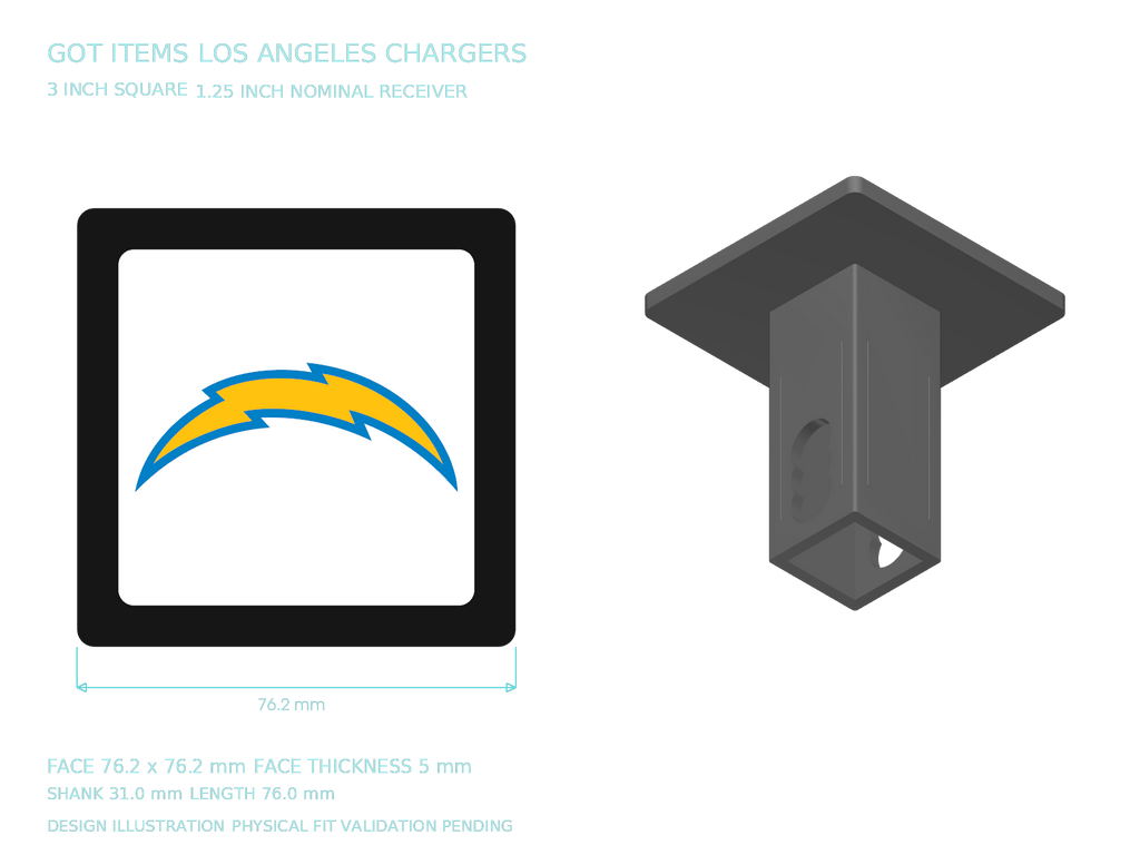 Los Angeles Chargers NFL 3-Inch Square Hitch Cover for 1.25 or 2 Inch Receiver