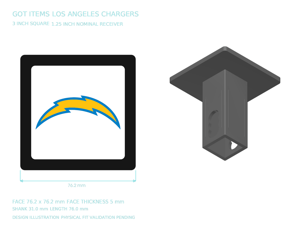 Los Angeles Chargers NFL 3-Inch Square Hitch Cover for 1.25 or 2 Inch Receiver