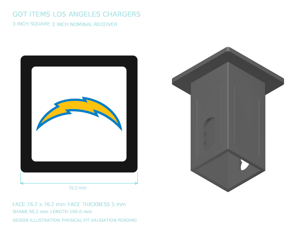 Los Angeles Chargers NFL 3-Inch Square Hitch Cover for 1.25 or 2 Inch Receiver