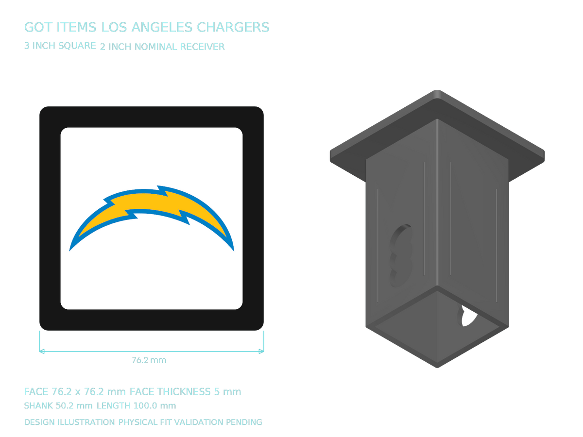 Los Angeles Chargers NFL 3-Inch Square Hitch Cover for 1.25 or 2 Inch Receiver