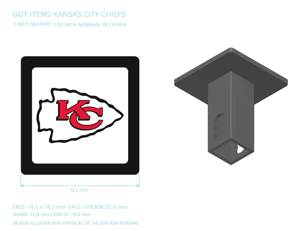 Kansas City Chiefs NFL 3-Inch Square Hitch Cover for 1.25 or 2 Inch Receiver