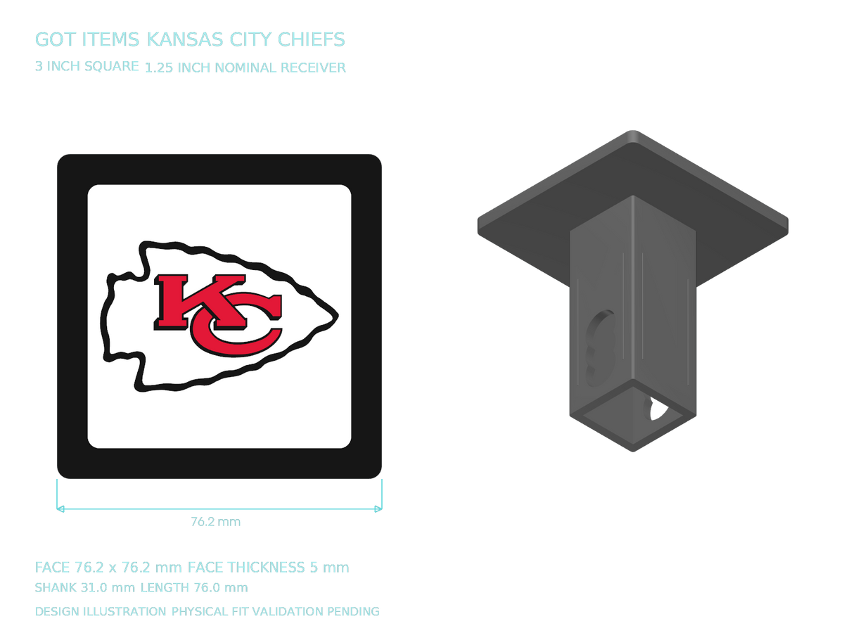 Kansas City Chiefs NFL 3-Inch Square Hitch Cover for 1.25 or 2 Inch Receiver