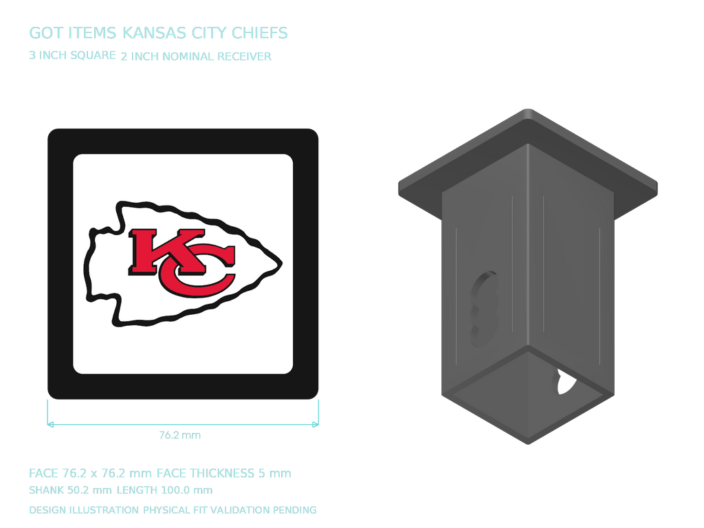 Kansas City Chiefs NFL 3-Inch Square Hitch Cover for 1.25 or 2 Inch Receiver
