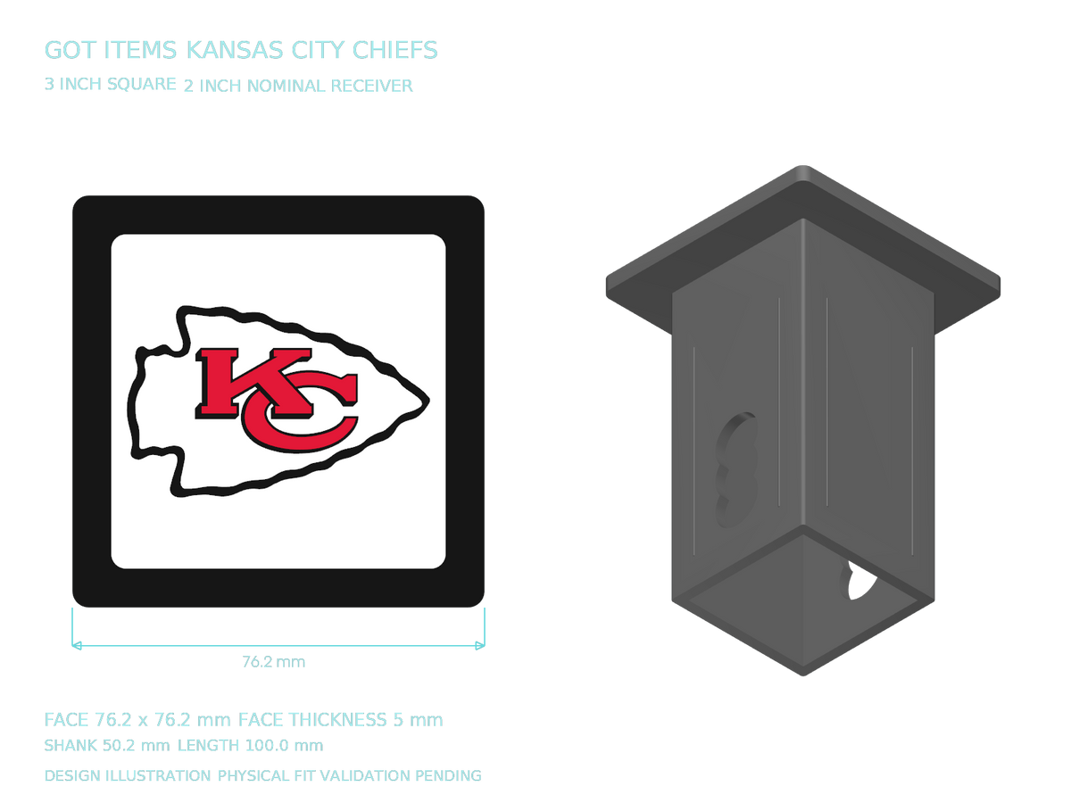 Kansas City Chiefs NFL 3-Inch Square Hitch Cover for 1.25 or 2 Inch Receiver