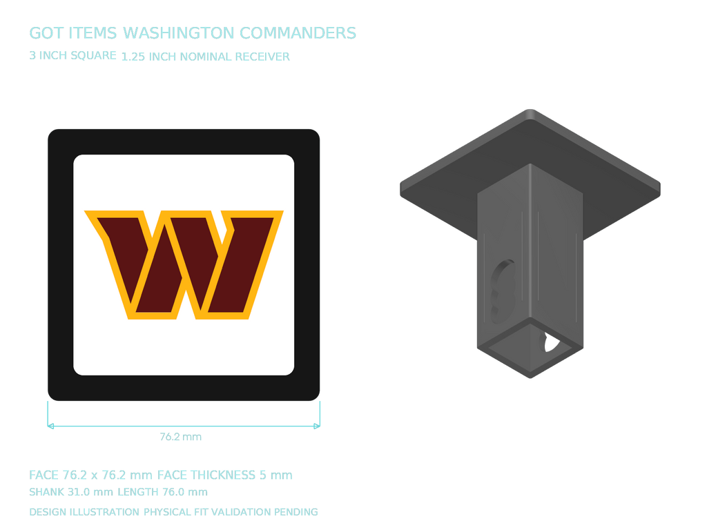 Washington Commanders NFL 3-Inch Square Hitch Cover for 1.25 or 2 Inch Receiver