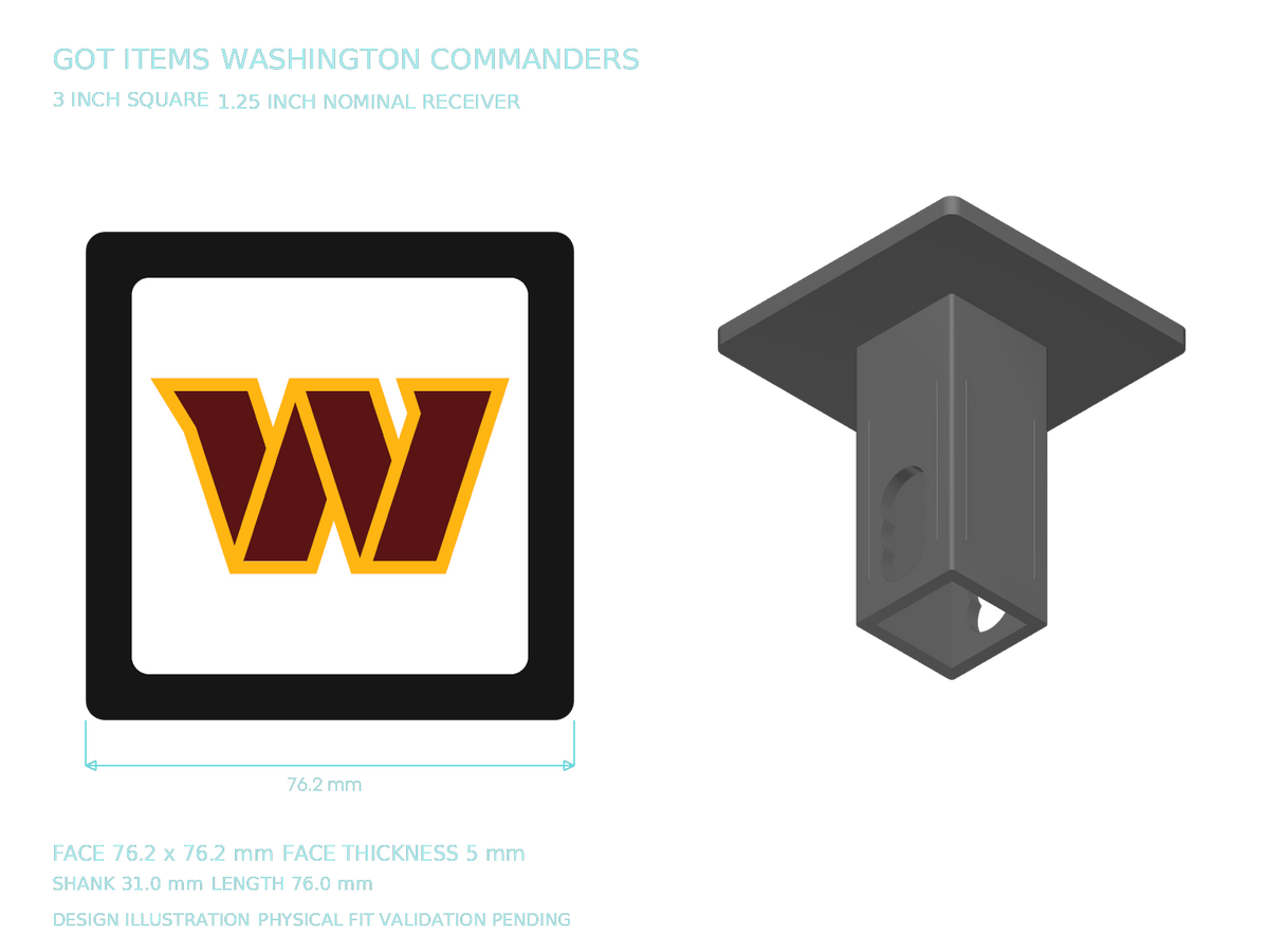 Washington Commanders NFL 3-Inch Square Hitch Cover for 1.25 or 2 Inch Receiver