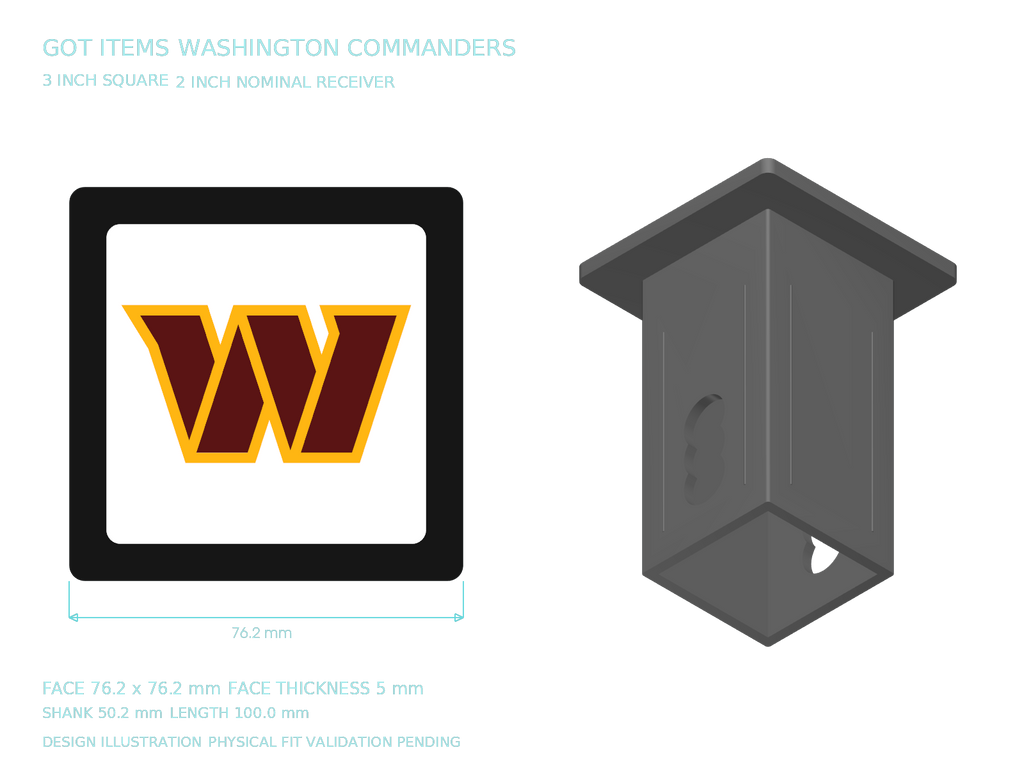 Washington Commanders NFL 3-Inch Square Hitch Cover for 1.25 or 2 Inch Receiver