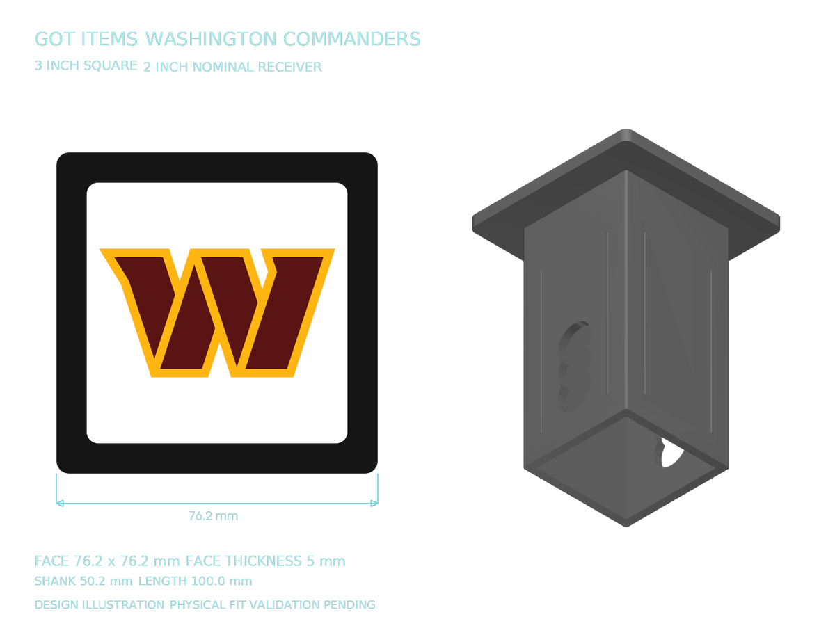 Washington Commanders NFL 3-Inch Square Hitch Cover for 1.25 or 2 Inch Receiver