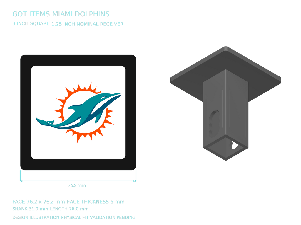 Miami Dolphins NFL 3-Inch Square Hitch Cover for 1.25 or 2 Inch Receiver