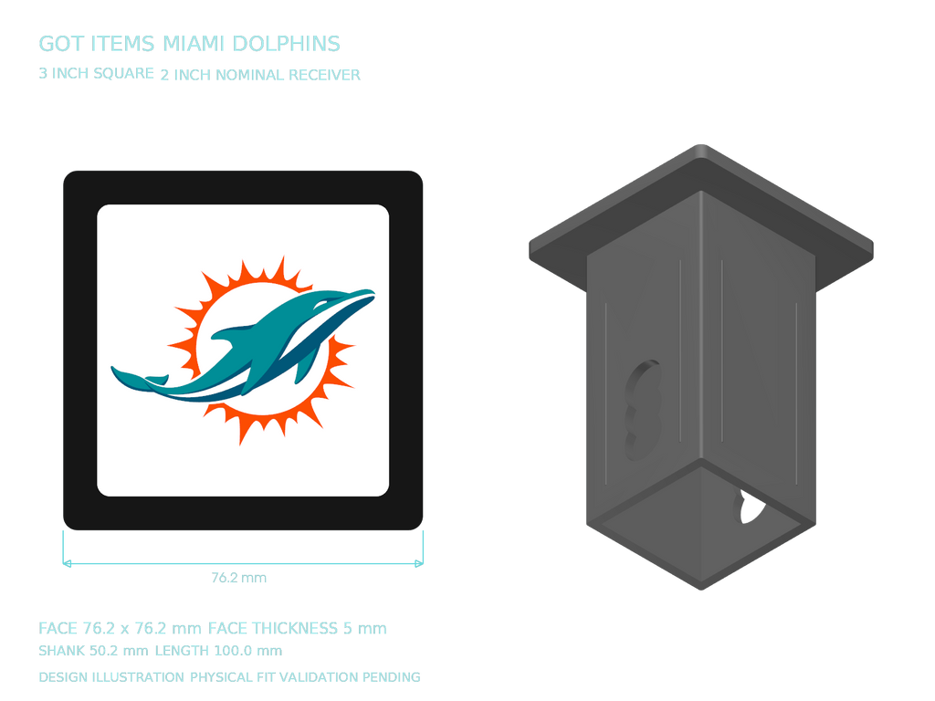 Miami Dolphins NFL 3-Inch Square Hitch Cover for 1.25 or 2 Inch Receiver