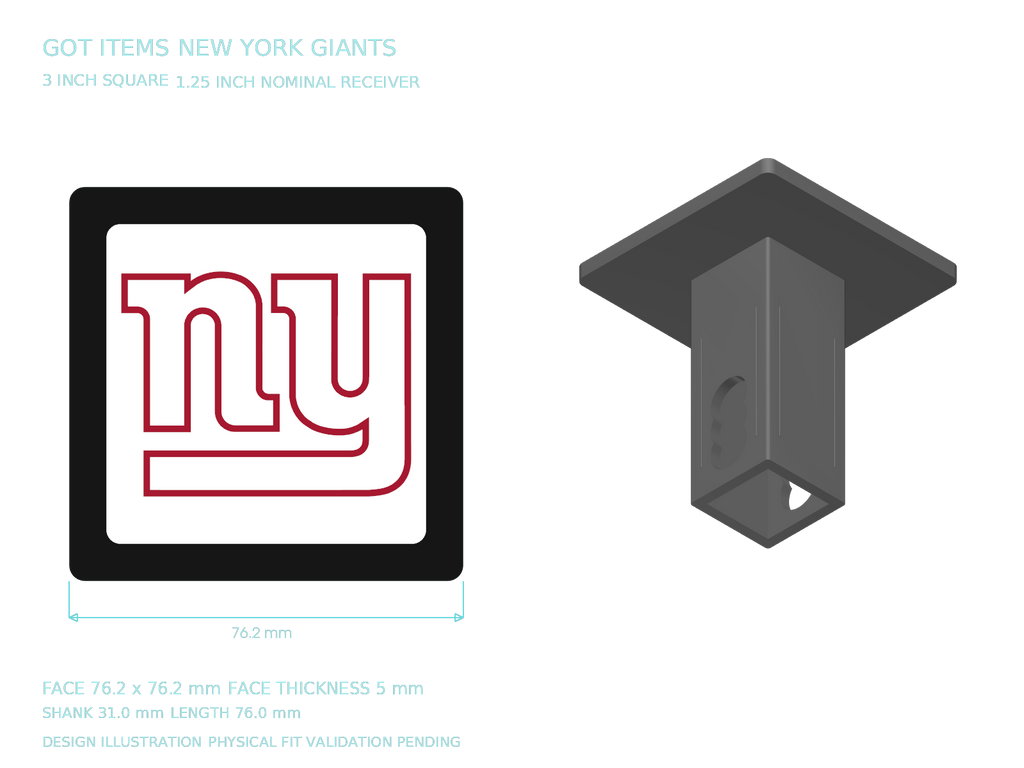 New York Giants NFL 3-Inch Square Hitch Cover for 1.25 or 2 Inch Receiver