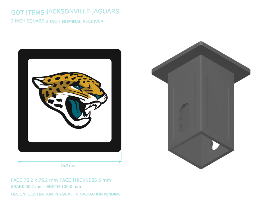 Jacksonville Jaguars NFL 3-Inch Square Hitch Cover for 1.25 or 2 Inch Receiver