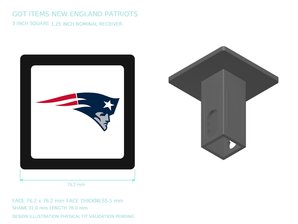 New England Patriots NFL 3-Inch Square Hitch Cover for 1.25 or 2 Inch Receiver