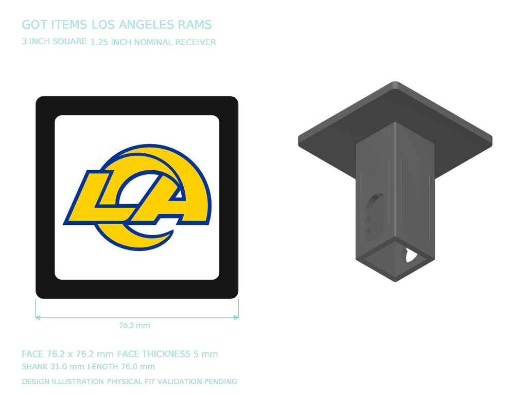 Los Angeles Rams NFL 3-Inch Square Hitch Cover for 1.25 or 2 Inch Receiver