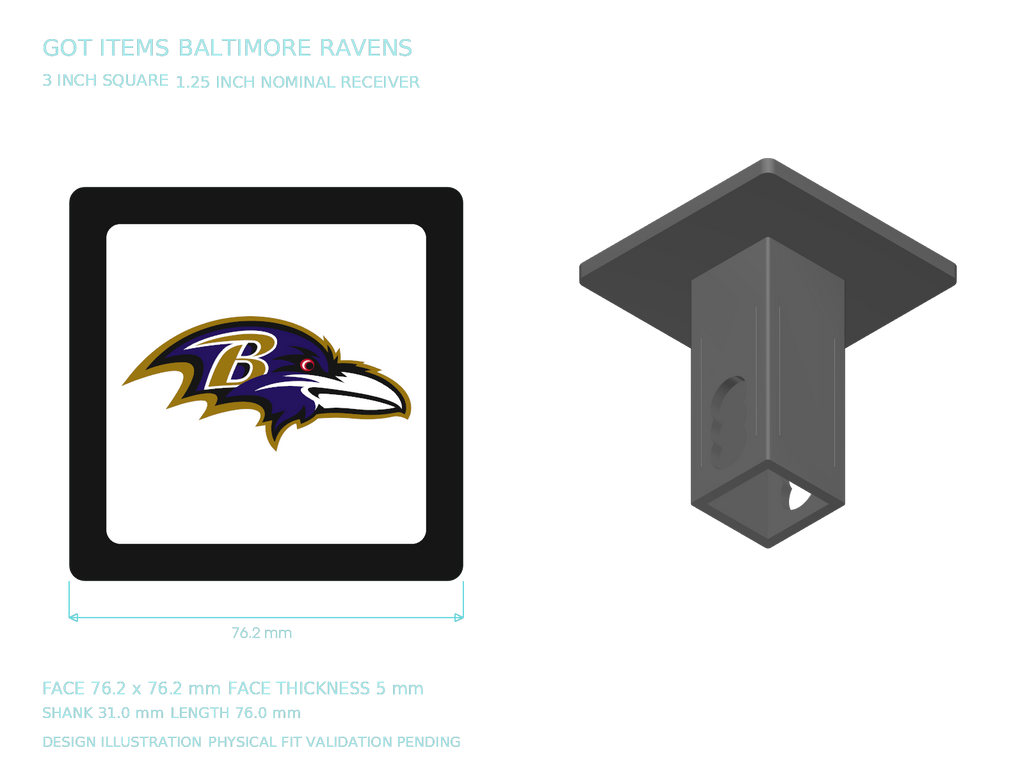 Baltimore Ravens NFL 3-Inch Square Hitch Cover for 1.25 or 2 Inch Receiver