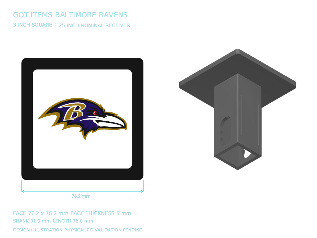 Baltimore Ravens NFL 3-Inch Square Hitch Cover for 1.25 or 2 Inch Receiver