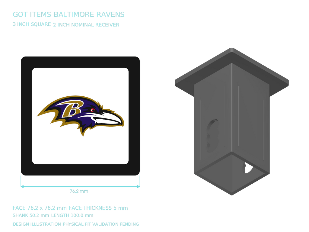 Baltimore Ravens NFL 3-Inch Square Hitch Cover for 1.25 or 2 Inch Receiver