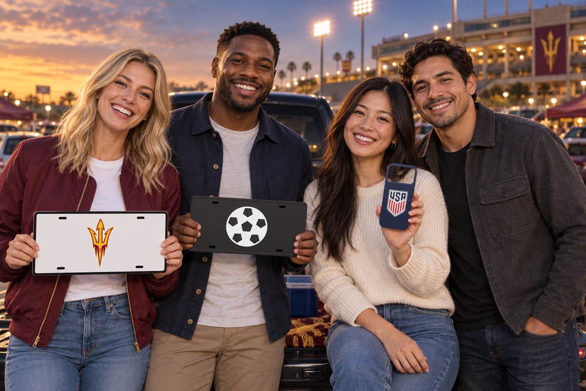 Four models at a stadium holding an Arizona State plate, a soccer plate and a USA soccer phone case.