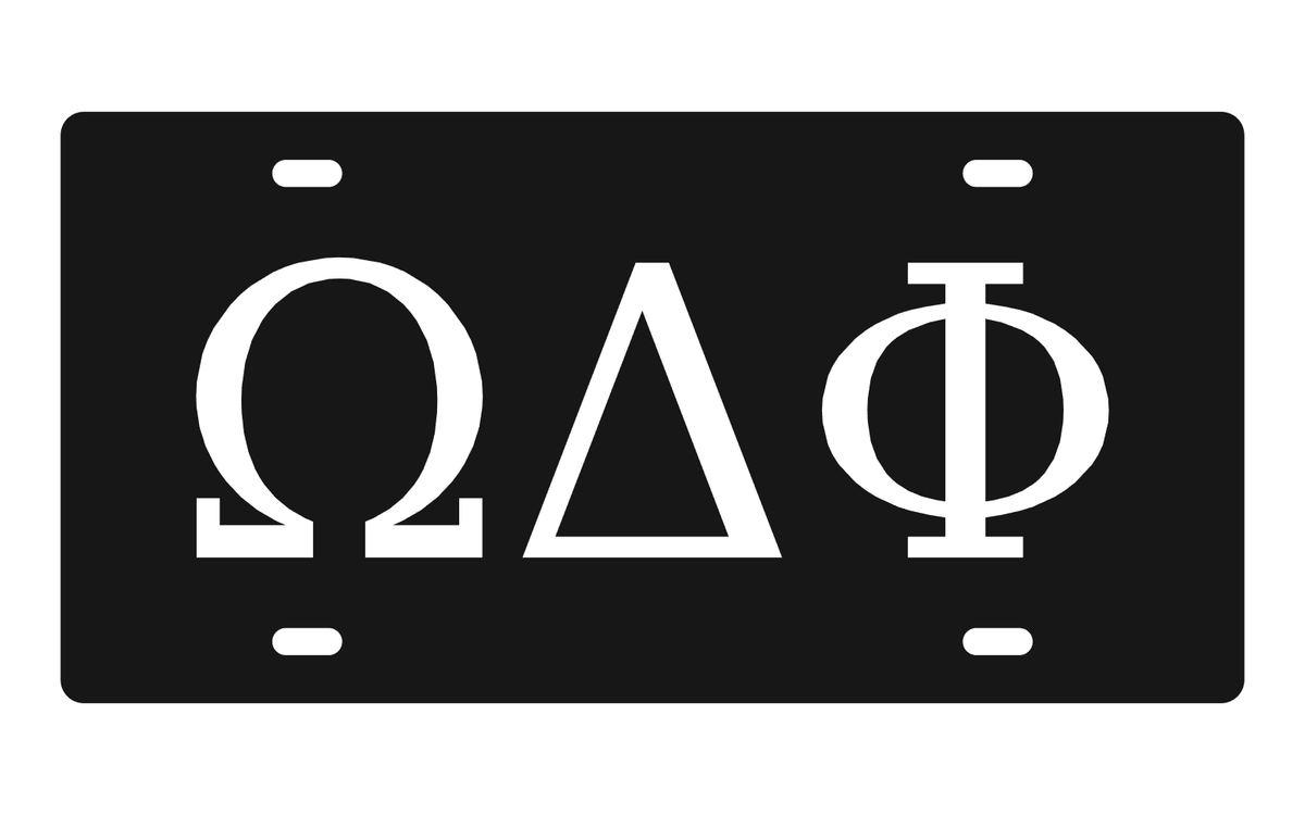 Omega Delta Phi Greek Letters Car Tag 12x6 Black White License Plate