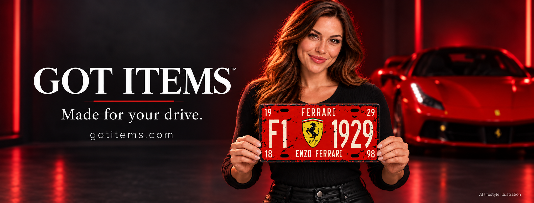 Got Items — Made for your drive. AI lifestyle illustration of our model holding the red Ferrari F1 1929 decorative tag.